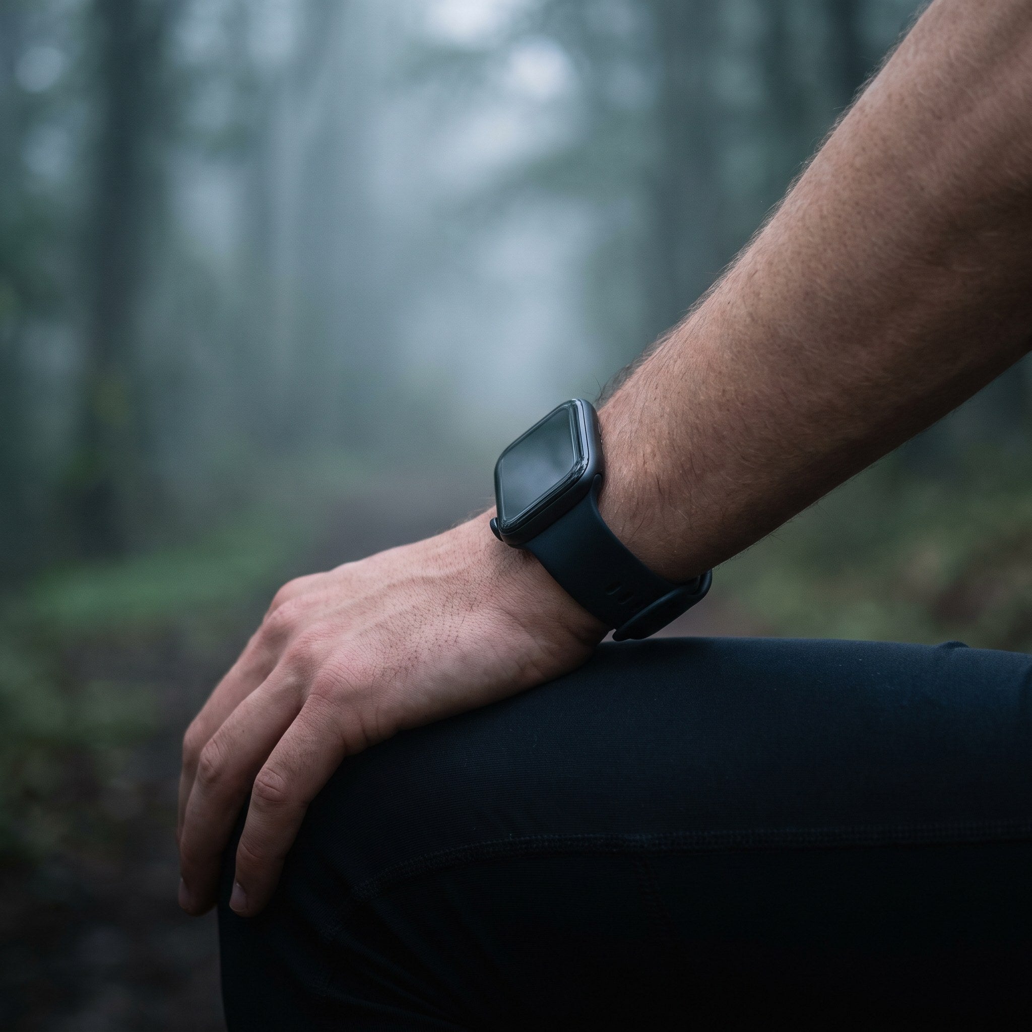 Muneca con un smartwatch deportivo negro en un sendero de bosque al amanecer