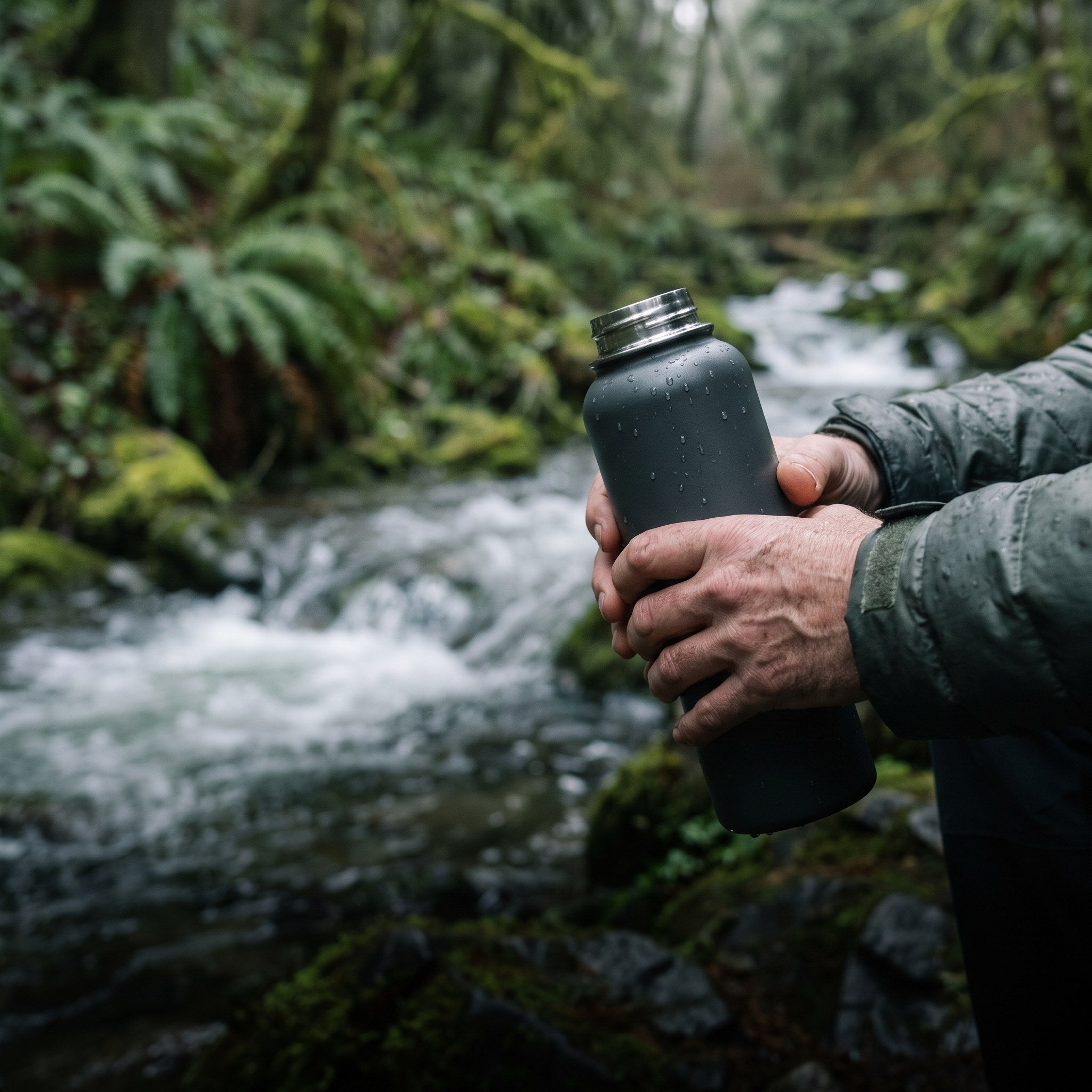 Manos sosteniendo una botella termica junto a un estero de bosque