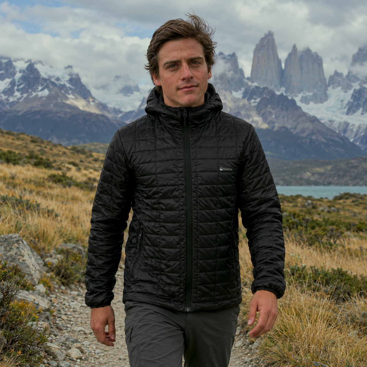 Chaqueta Parka Nuptse Lhotse negra en el sendero de Torres del Paine