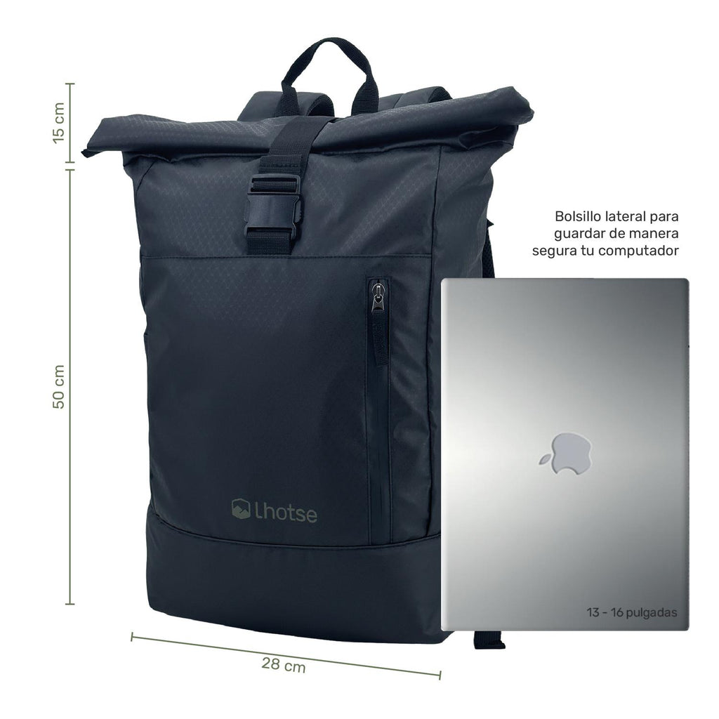 Lhotse Mochila Roll Top Makalu 22L compartimento lateral notebook medidas referencia - detalle