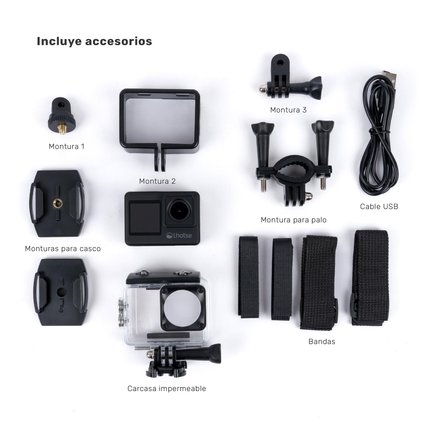 Lhotse Cámara de Acción Xplore 4K accesorios incluidos 6 monturas carcasa bandas - detalle