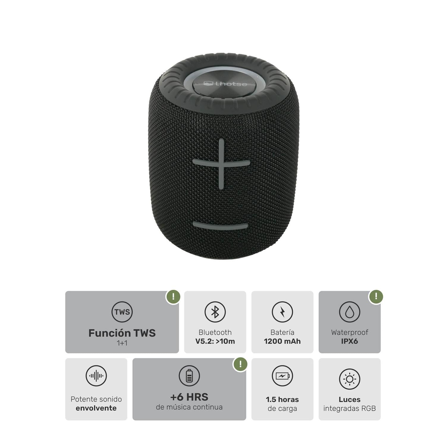Lhotse Parlante TripGo Negro especificaciones técnicas IPX6 Bluetooth 5.2 - detalle