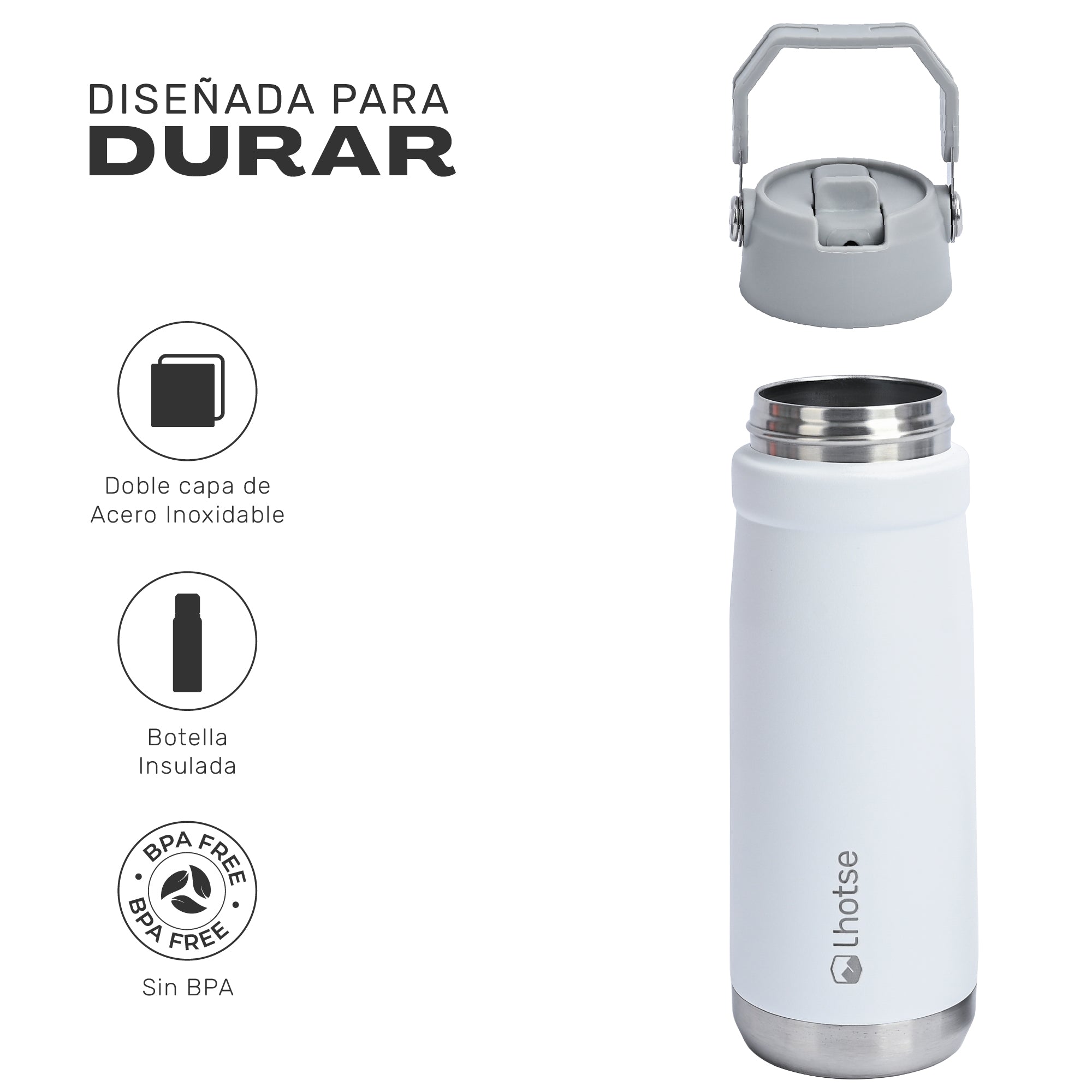 Lhotse Botella Térmica Adventure 650ml Blanco tapa a prueba de fugas componentes - detalle