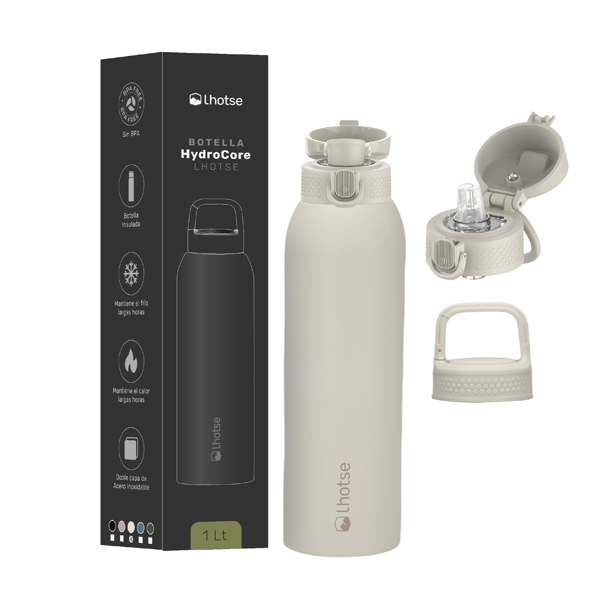 Botella Térmica Agua Acero Inox 3 Tapas HydroCore 1Lt Lhotse