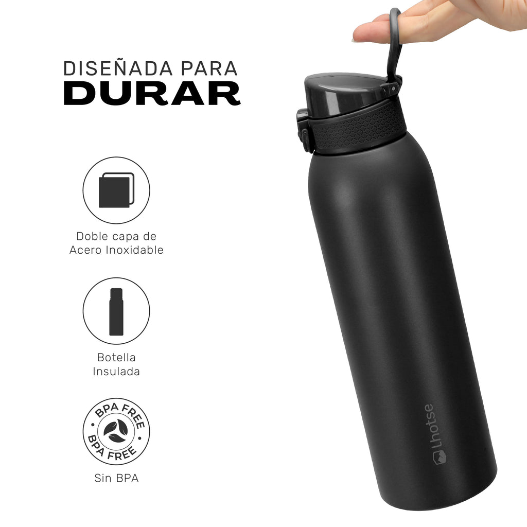 Negro · Botella Térmica Agua Acero Inox 3 Tapas HydroCore 1Lt Lhotse