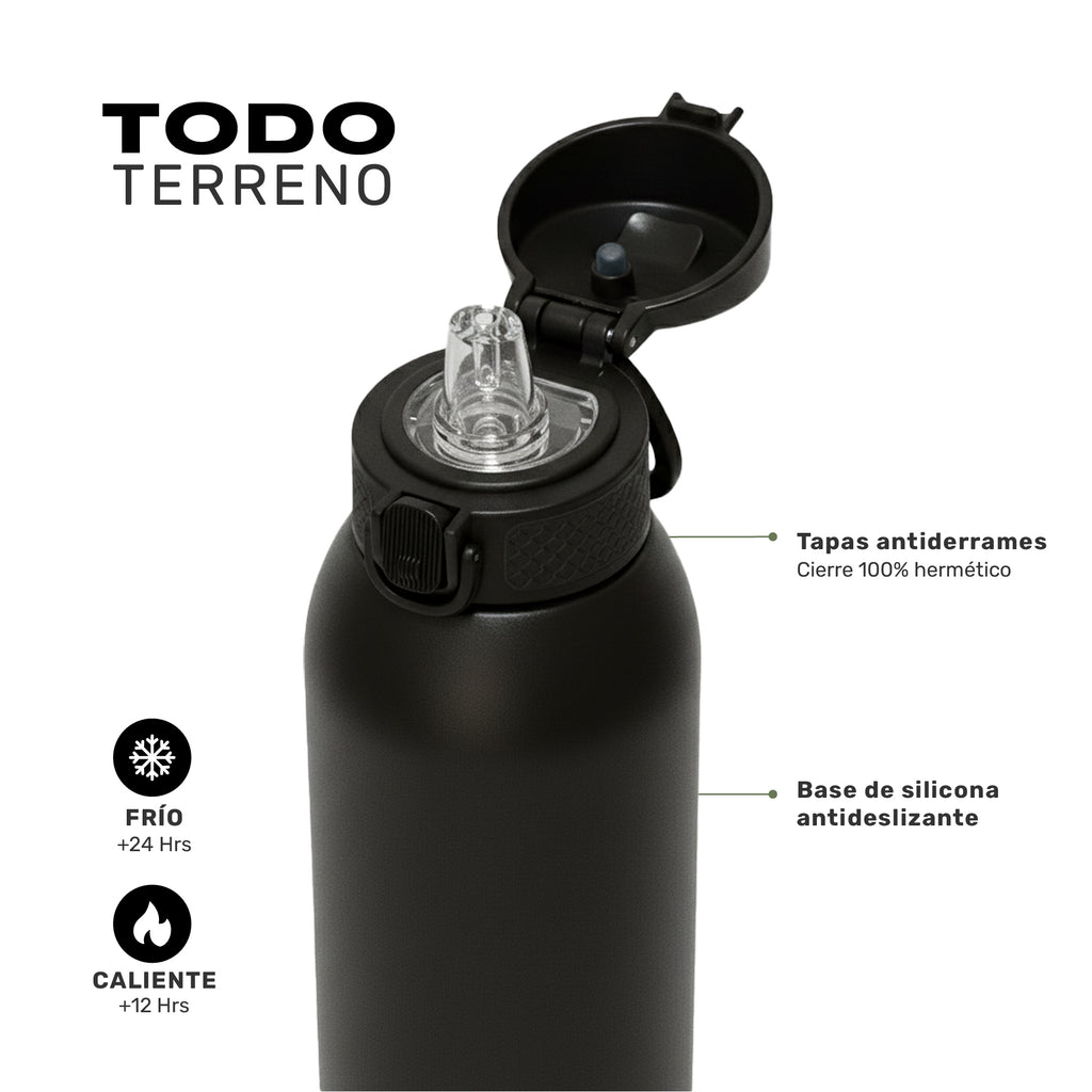 Negro · Botella Térmica Agua Acero Inox 3 Tapas HydroCore 1Lt Lhotse