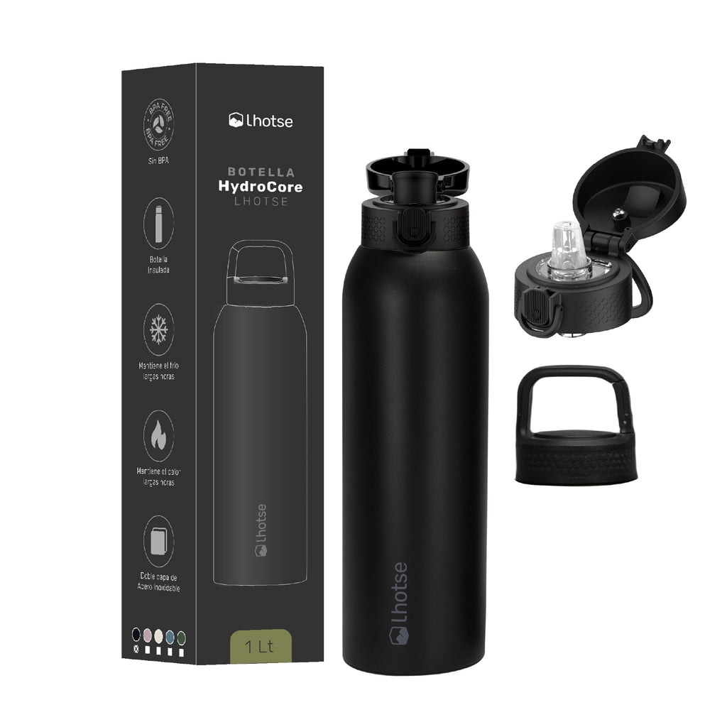 Negro · Botella Térmica Agua Acero Inox 3 Tapas HydroCore 1Lt Lhotse