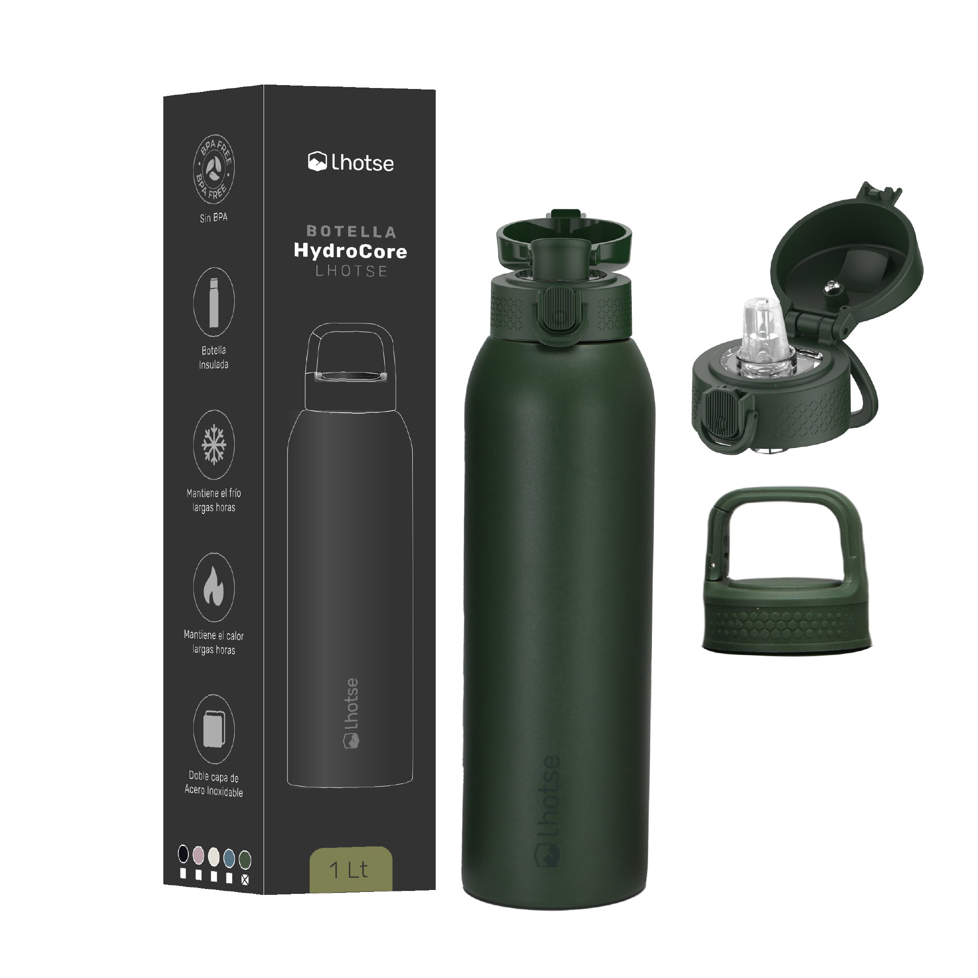 Botella Térmica Agua Acero Inox 3 Tapas HydroCore 1Lt Lhotse