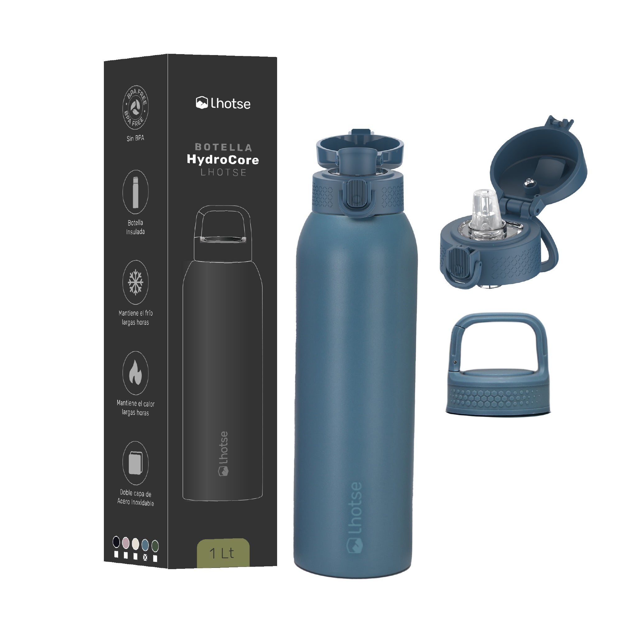 Botella Térmica Agua Acero Inox 3 Tapas HydroCore 1Lt Lhotse