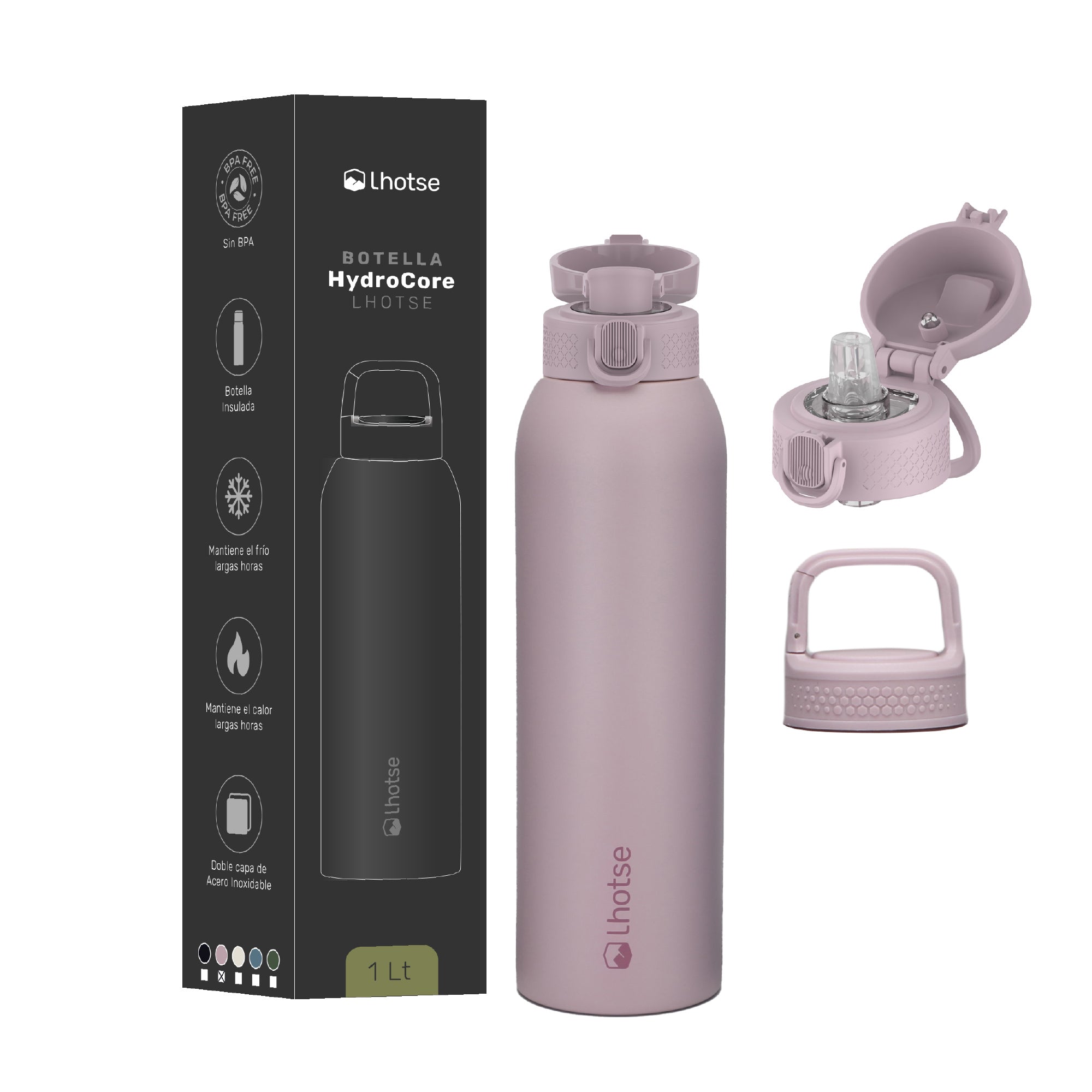 Botella Térmica Agua Acero Inox 3 Tapas HydroCore 1Lt Lhotse