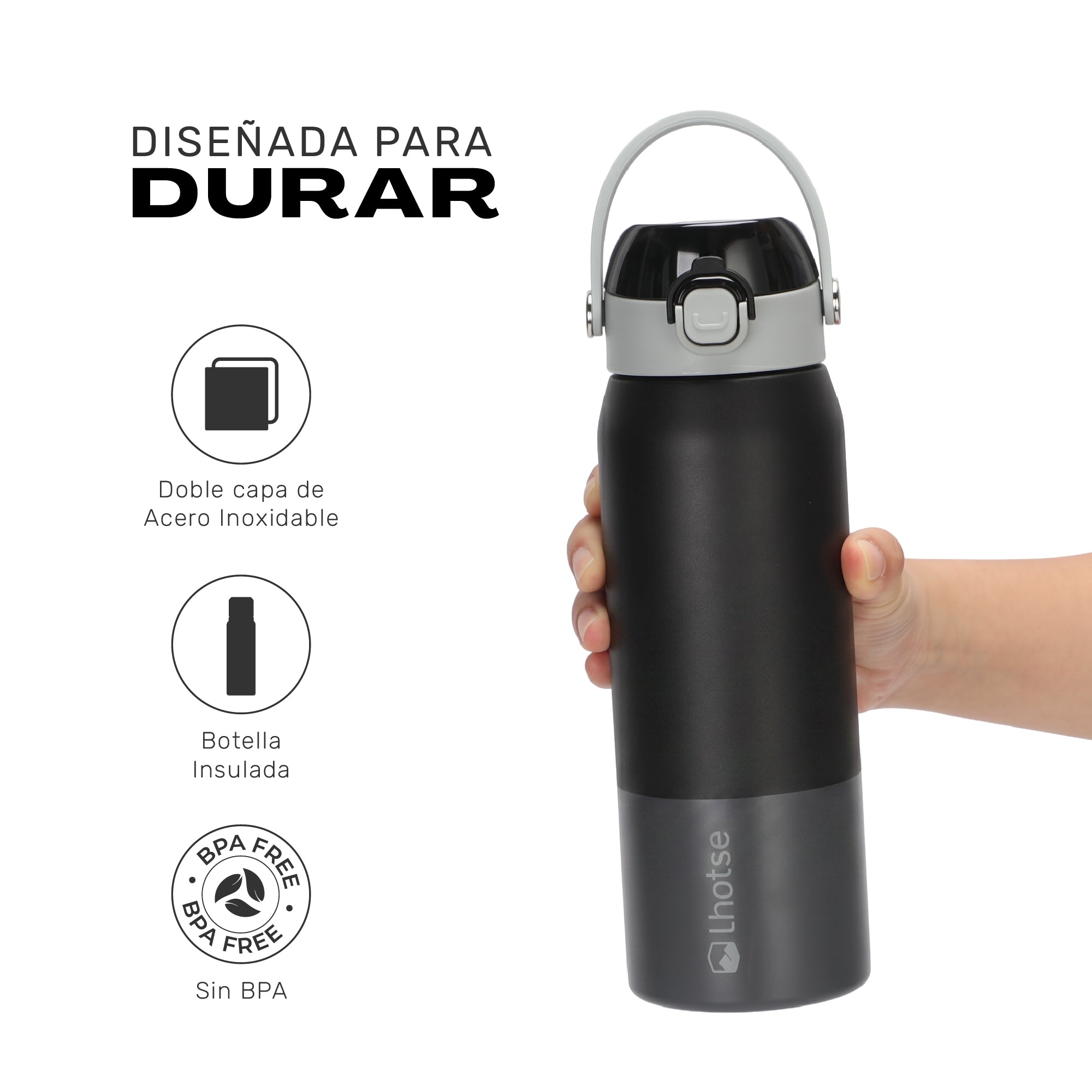 Negro · Botella Térmica Hydrotek 750 ml de acero inoxidable Lhotse, detalle de la doble capa de acero inoxidable y libre de BPA