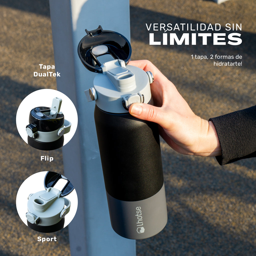 Negro · Botella Térmica Hydrotek 750 ml de acero inoxidable Lhotse, tapa DualTek con sus dos modos, Flip y Sport