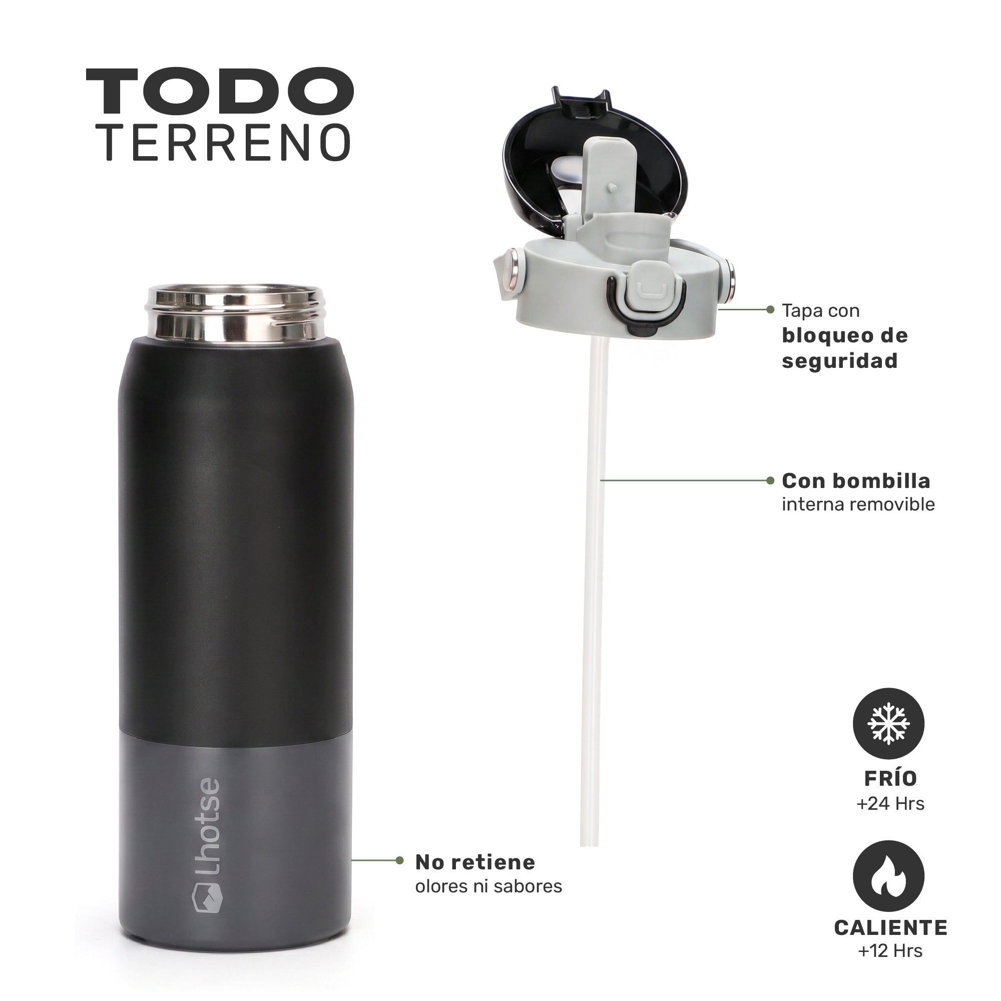 Negro · Botella Térmica Hydrotek 750 ml de acero inoxidable Lhotse, detalle de la tapa con bloqueo de seguridad y la bombilla interna removible