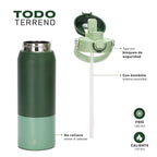 Verde · Botella Térmica Hydrotek 750 ml de acero inoxidable Lhotse, detalle de la tapa con bloqueo de seguridad y la bombilla interna removible