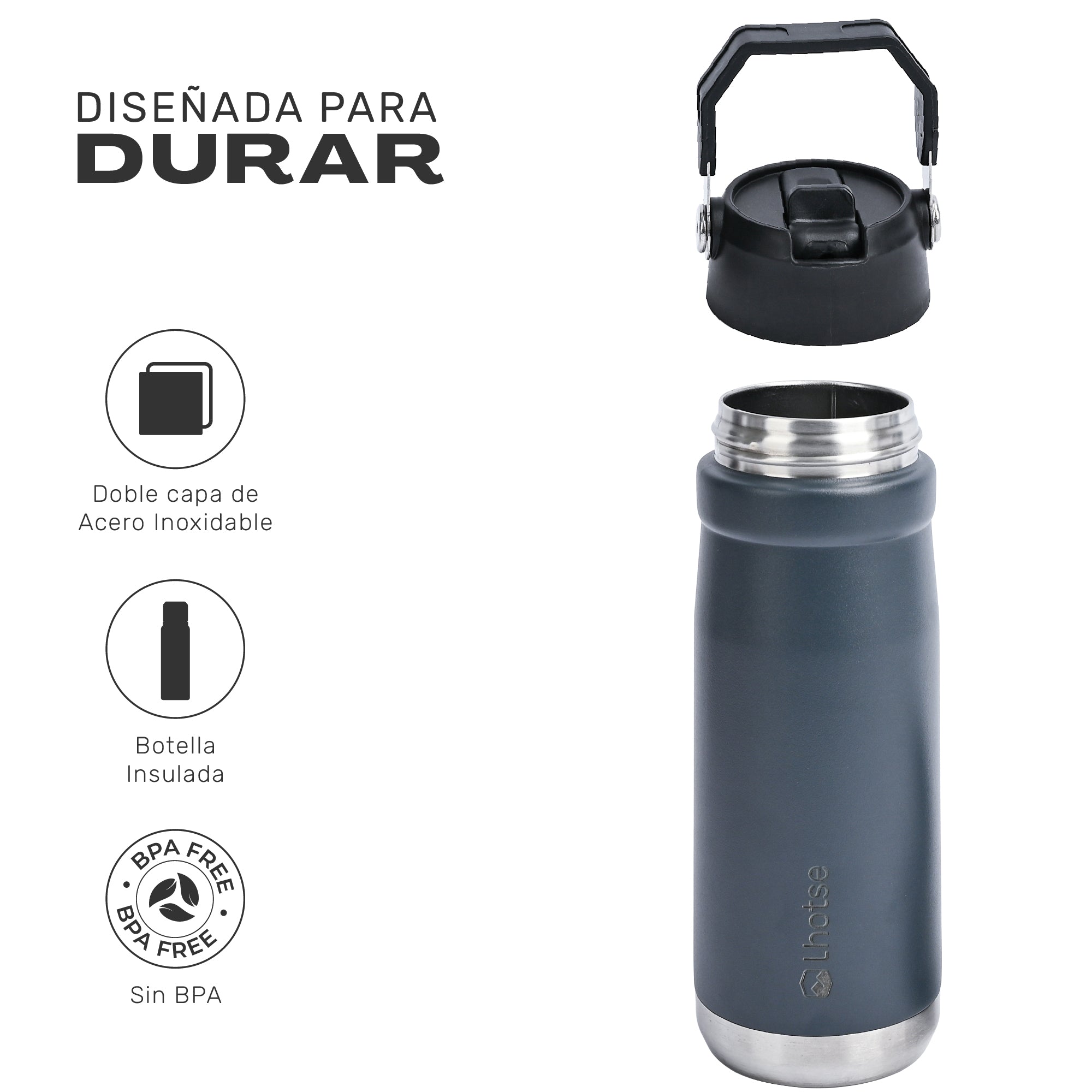 Lhotse Botella Térmica Adventure 650ml Negro diseñado para durar acero inoxidable - detalle