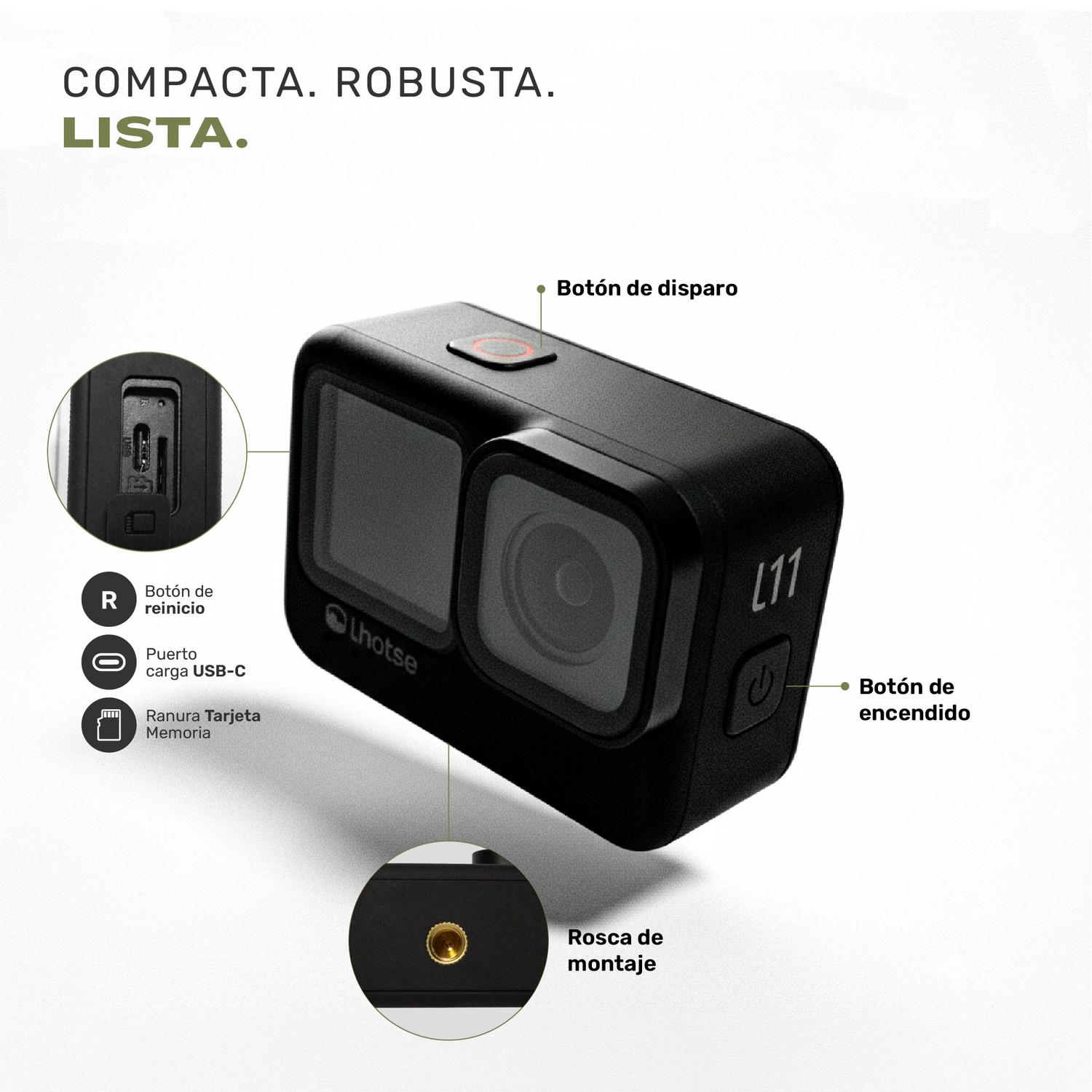 Lhotse Cámara de Acción Summit 5K compacta robusta IP68 dimensiones 69x48x27mm - detalle