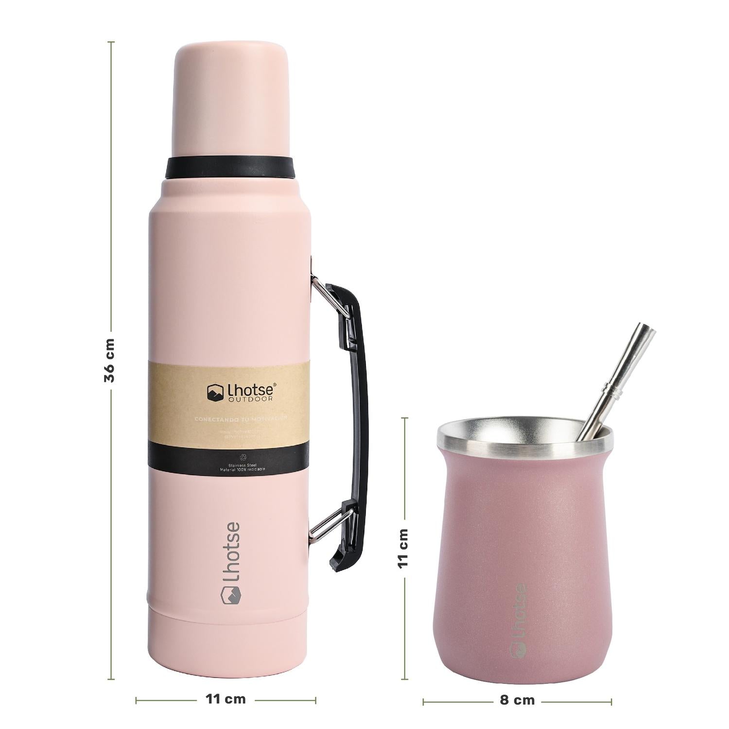 Lhotse Pack Termo Líquido Classic 1.3L y Mate con Bombilla Rosado en uso outdoor - lifestyle