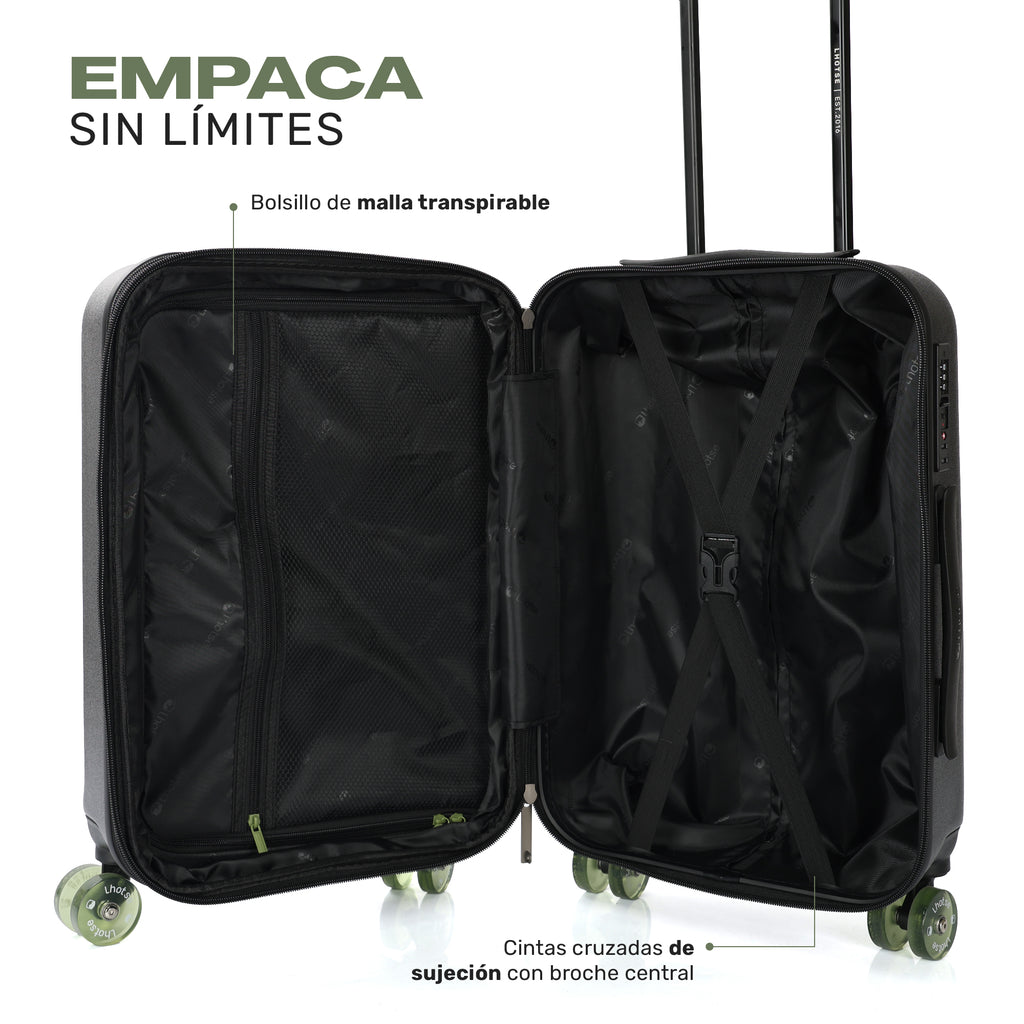 Maleta Frontier: interior con bolsillo de malla y cintas cruzadas de sujeción