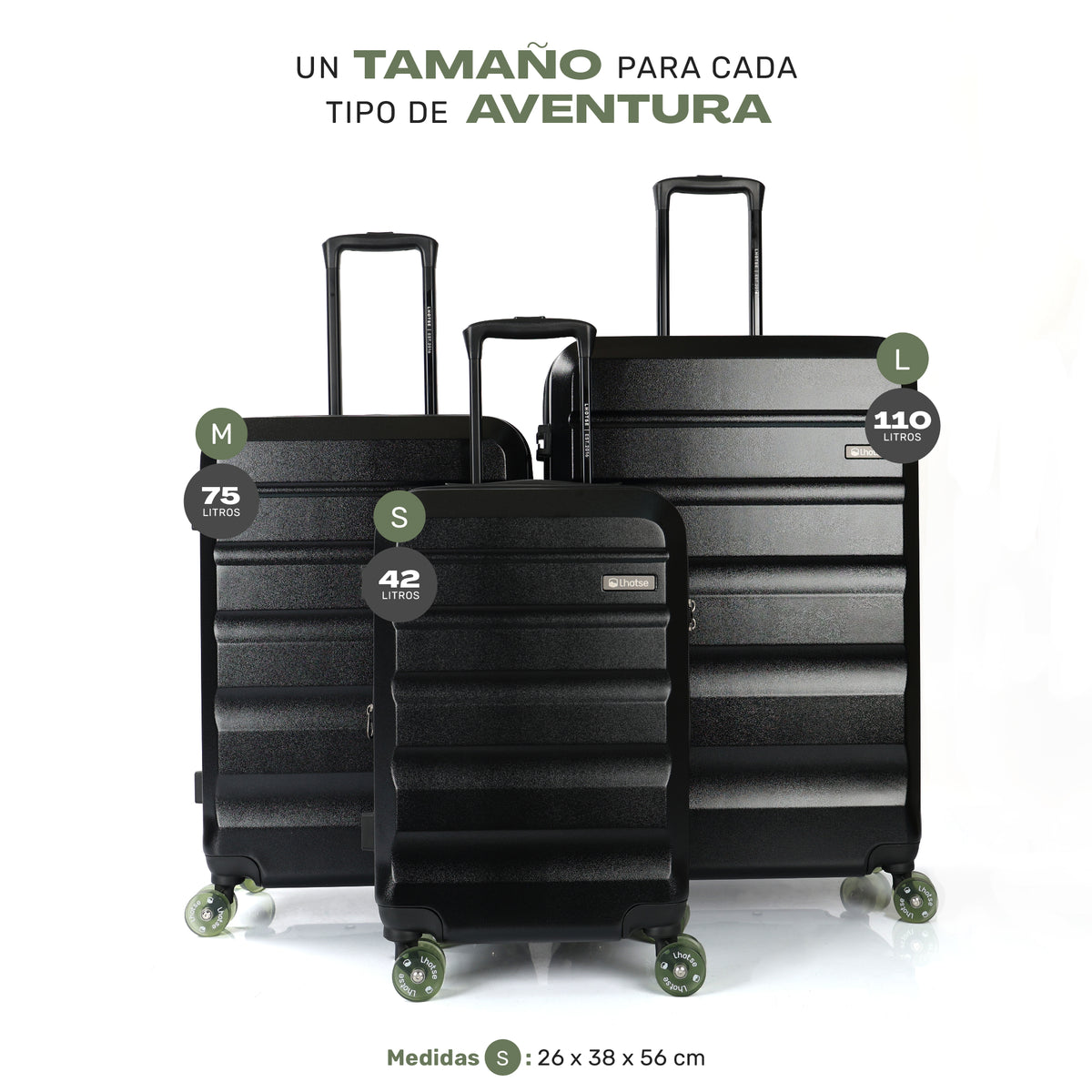 Maleta Frontier en sus 3 tamaños: S 42 L, M 75 L y L 110 L
