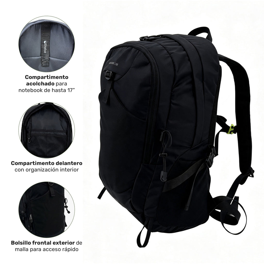 Negro · Mochila Outdoor DayPack Latok 25L Negro Lhotse, compartimento para notebook de 17" y bolsillos frontales
