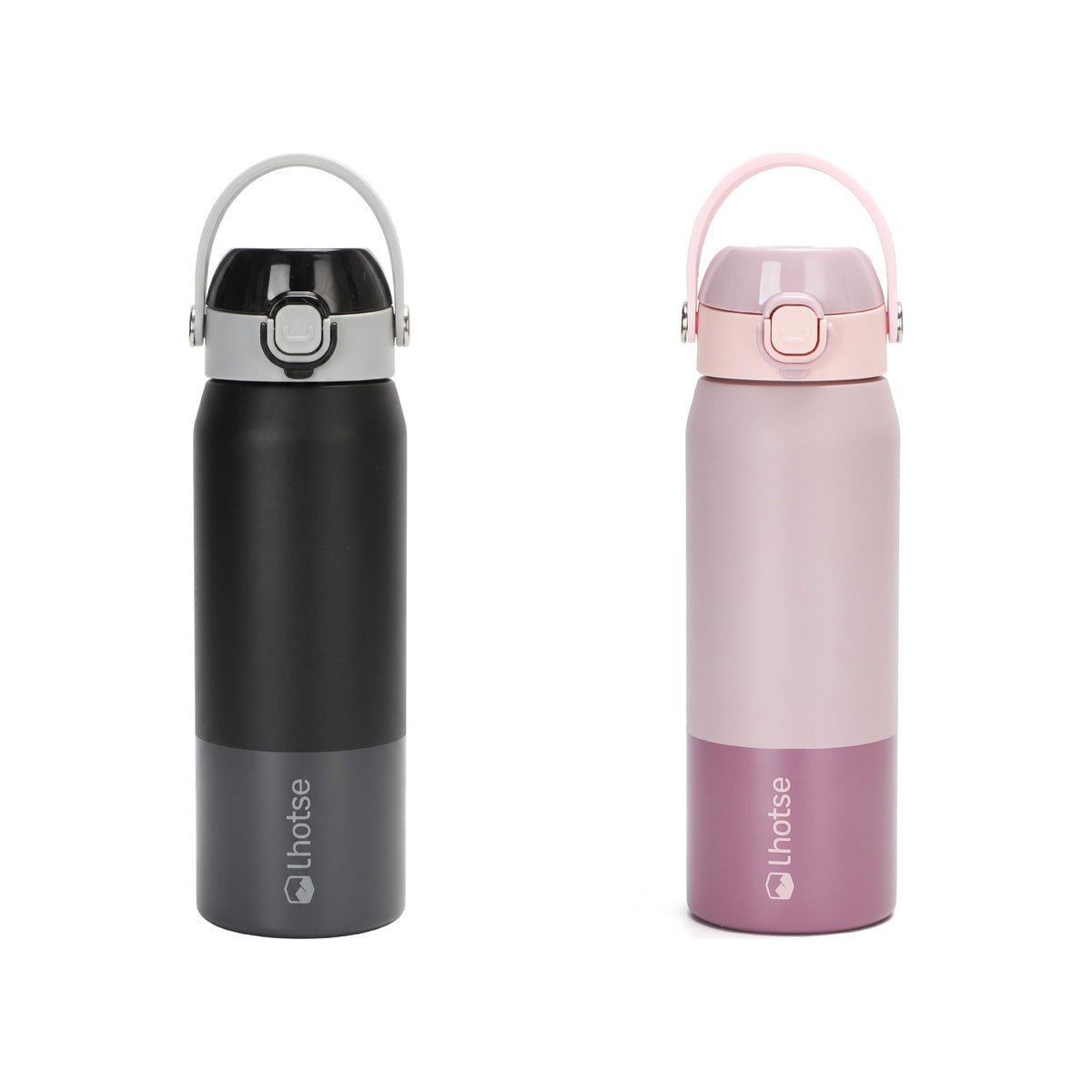 Pack 2 Botellas Térmicas Hydrotek 750 ml de acero inoxidable Lhotse, en negro y rosa sobre fondo blanco
